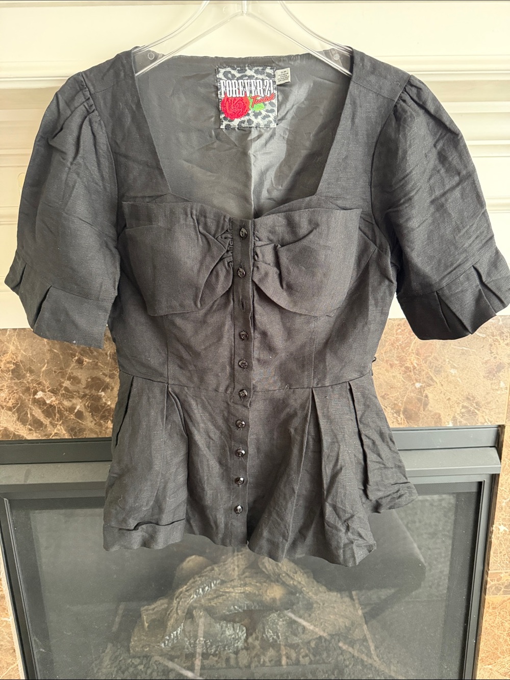 Forever 21 Black Button-Front Peplum Top with Bow- gorgeous!!!